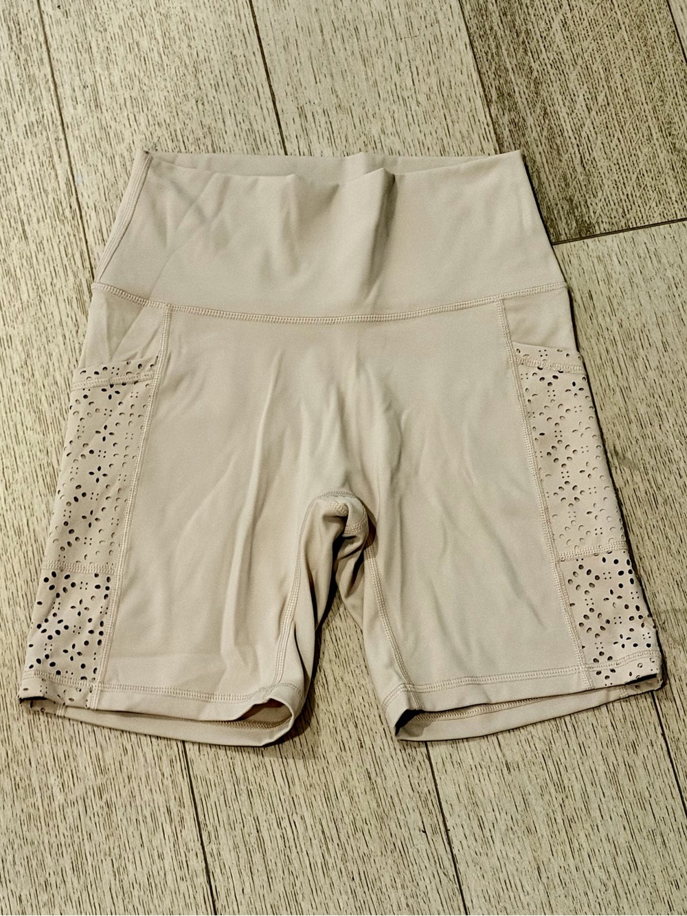 Aerie High-Waist Laser-Cut Bike Shorts in Light Beige